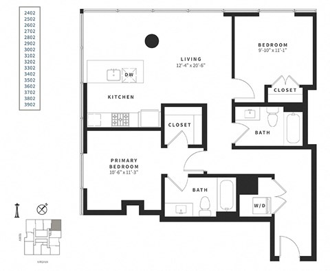 Floor plan for 2 beds, 2 baths, 1018 sqft